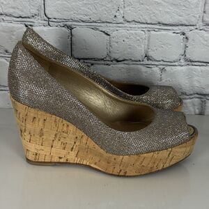 Stuart Weitzman Anna Wedge Women 6 Silver Glitter Cork Platform Peep Toe Pumps